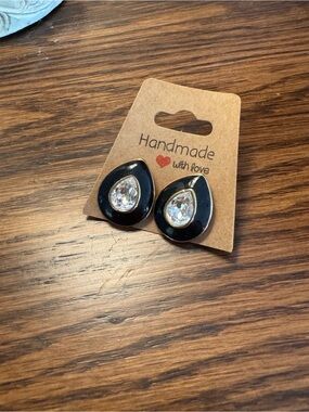Handmade Black Teardrop Earrings with Clear Crystal Centers